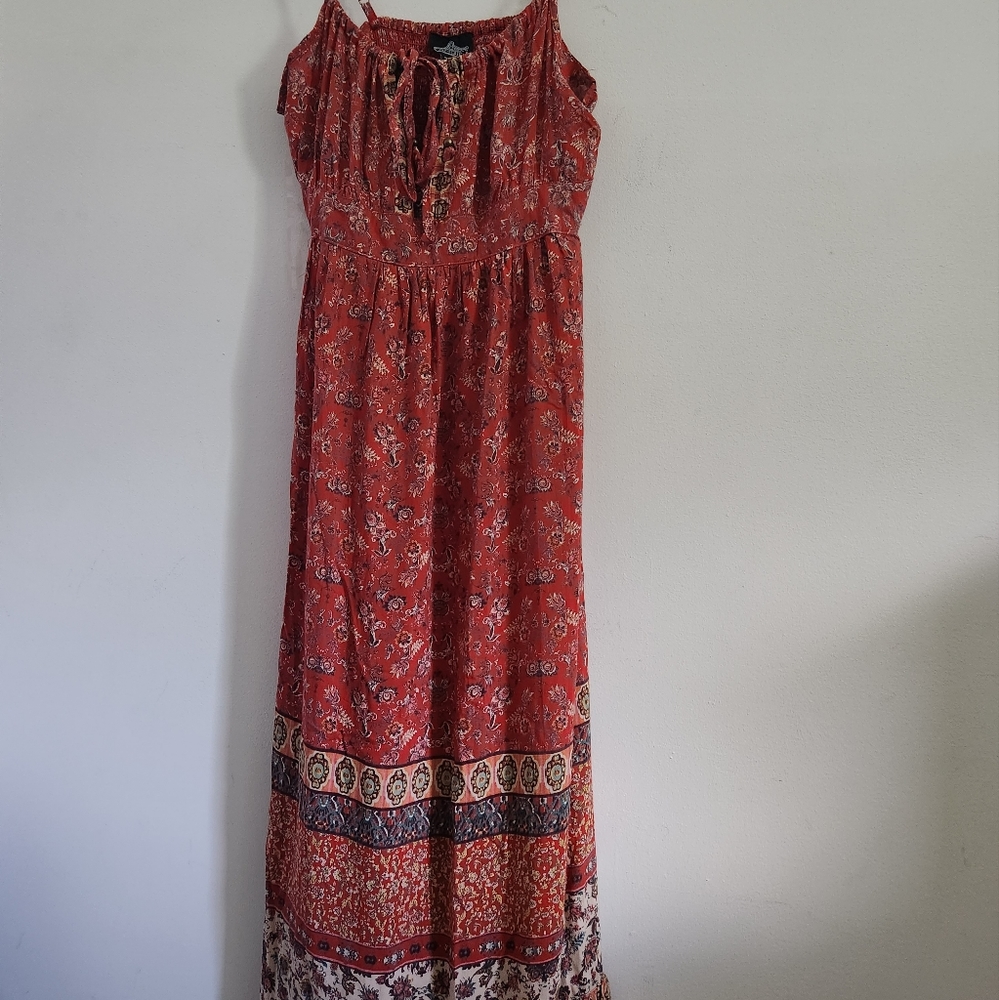 ANGIE Boho Red Floral Tie Front Maxi Dress Size Large